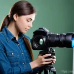 사진 자격증 관련 도서 추천 - **Prompt:** A focused female photographer, early 30s, wearing a comfortable long-sleeved shirt and j...