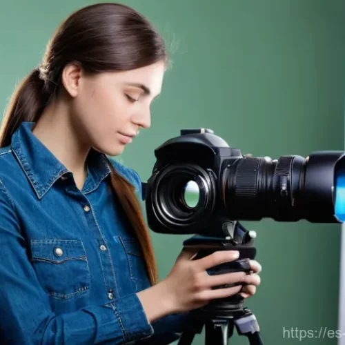사진 자격증 관련 도서 추천 - **Prompt:** A focused female photographer, early 30s, wearing a comfortable long-sleeved shirt and j...