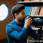 사진 자격증 전문가가 되기 위한 필수 기술 - A professional photographer adjusting camera settings on a modern DSLR in a warm, cozy indoor studio...