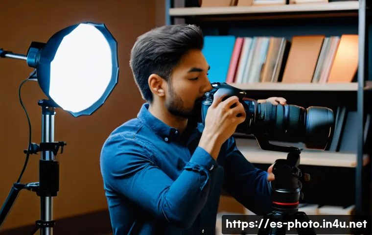 사진 자격증 전문가가 되기 위한 필수 기술 - A professional photographer adjusting camera settings on a modern DSLR in a warm, cozy indoor studio...