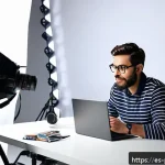 Home 20 사진 자격증과 관련된 업무일지 작성법 - A professional photographer in a modern studio environment, wearing stylish casual clothes and holdi...