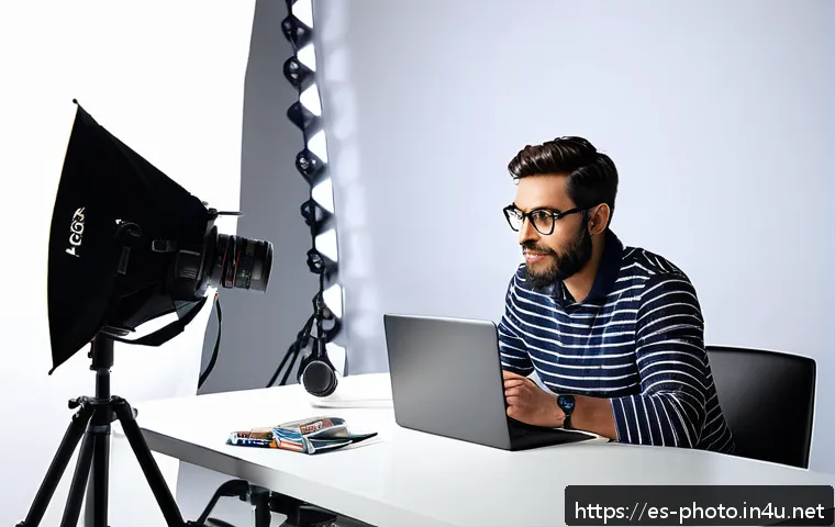 사진 자격증과 관련된 업무일지 작성법 - A professional photographer in a modern studio environment, wearing stylish casual clothes and holdi...