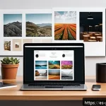 Home 19 사진 자격증 취득 후 개인 브랜드 만드는 법 - A professional photographer’s modern workspace featuring a sleek laptop displaying a visually appeal...