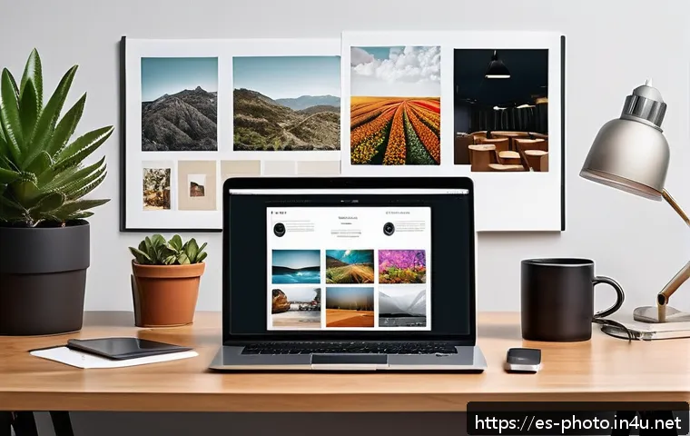 사진 자격증 취득 후 개인 브랜드 만드는 법 - A professional photographer’s modern workspace featuring a sleek laptop displaying a visually appeal...