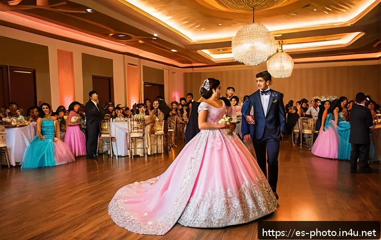 사진 자격증을 활용한 창업 사례 - A vibrant and elegant quinceañera celebration scene in a large, beautifully decorated banquet hall i...