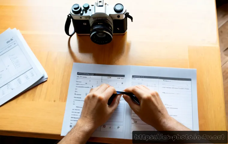 사진 자격증 필기시험 시간 관리 전략 - Photorealistic overhead view of a Spanish-speaking adult preparing for a photography certification w...